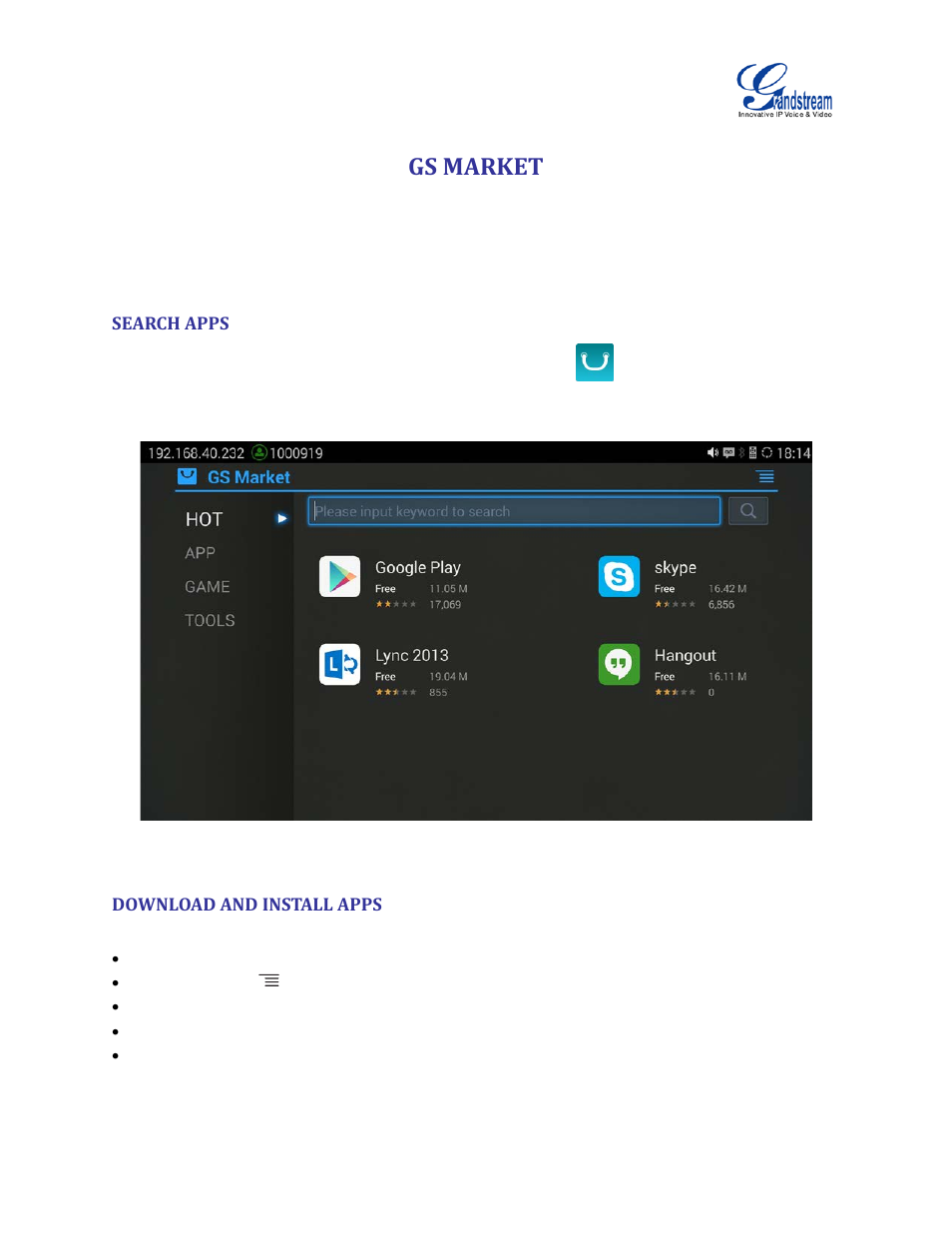 Gs market, Search apps, Download and install apps | Figure 47 gvc3200 gs market | Grandstream GVC3200 User Guide User Manual | Page 85 / 98
