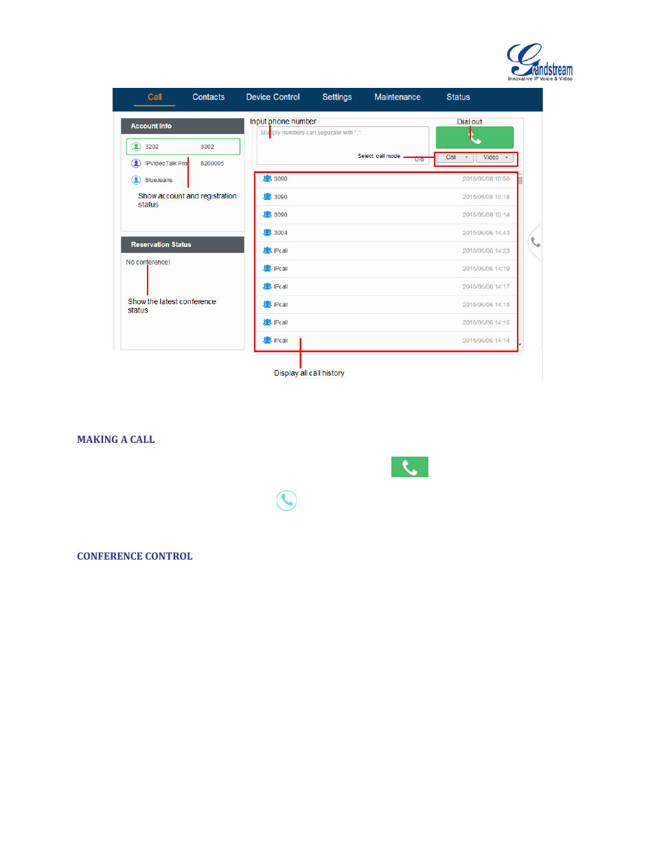 Making a call, Conference control, Figure 50 gvc3200 web ui – call | Grandstream GVC3200 User Guide User Manual | Page 90 / 98