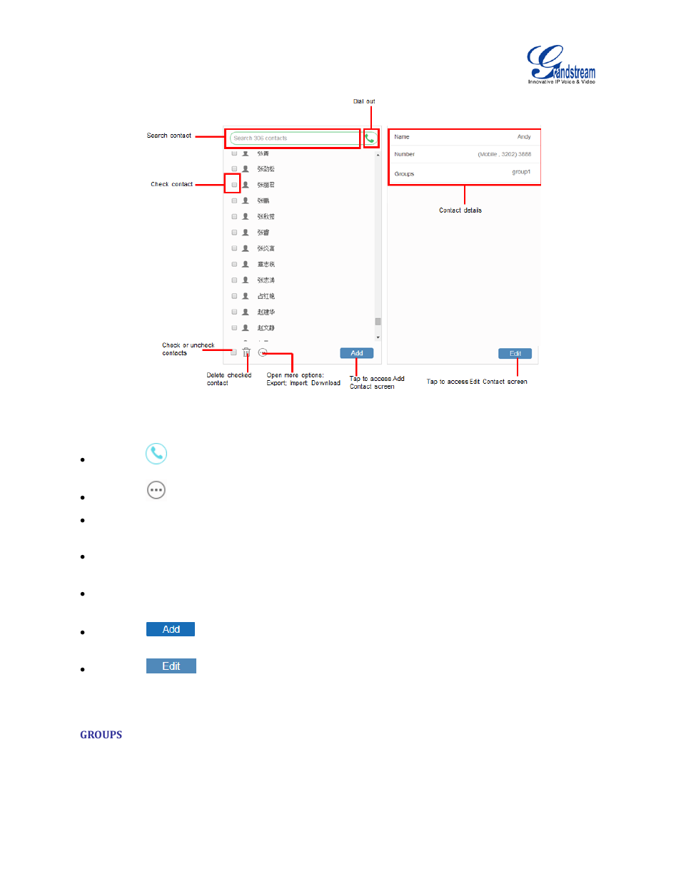 Groups, Figure 52 gvc3200 web ui – contacts | Grandstream GVC3200 User Guide User Manual | Page 92 / 98