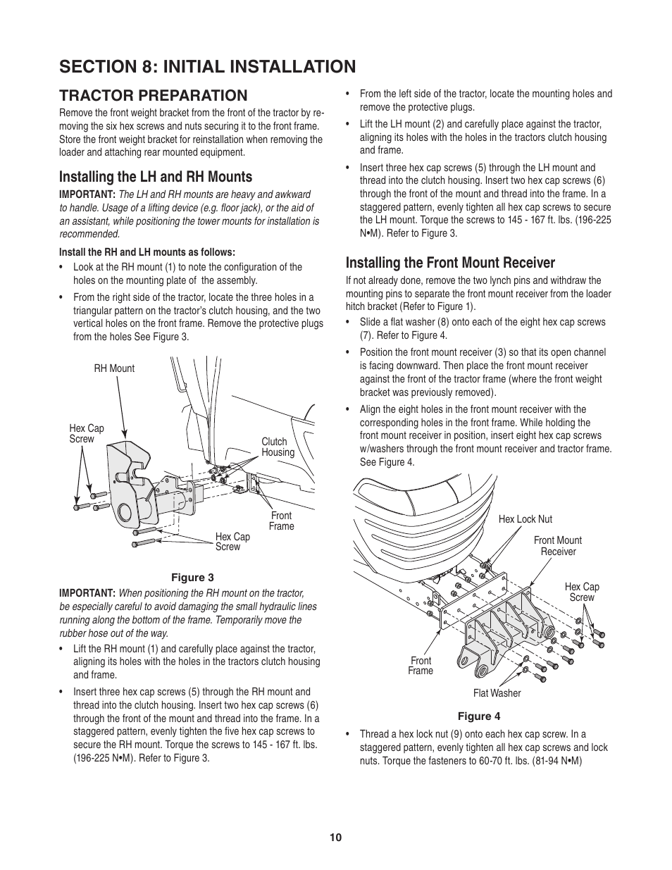 Tractor preparation, Installing the lh and rh mounts, Installing the front mount receiver | Cub Cadet 59A40003727 User Manual | Page 10 / 28