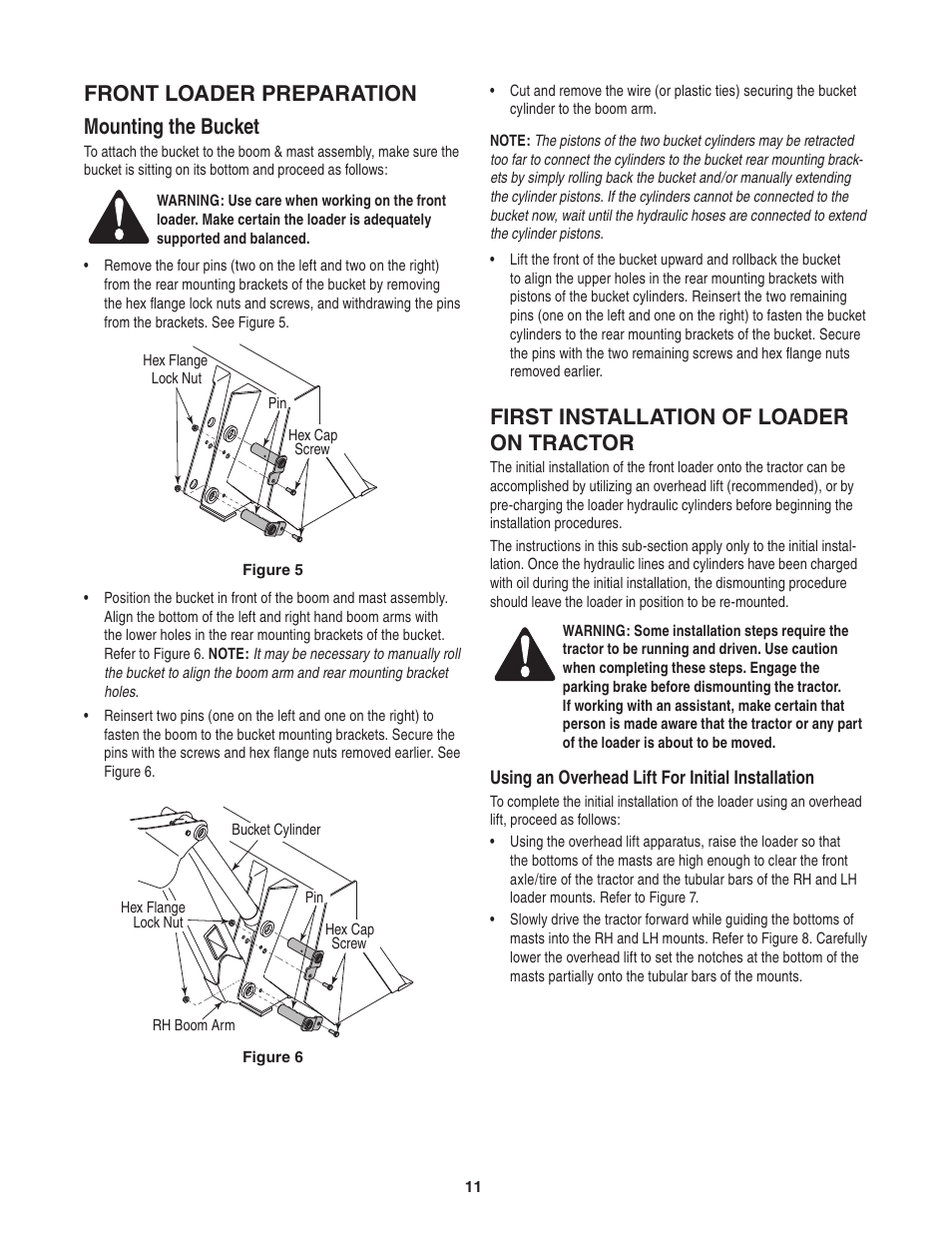 Front loader preparation mounting the bucket, First installation of loader on tractor | Cub Cadet 59A40003727 User Manual | Page 11 / 28