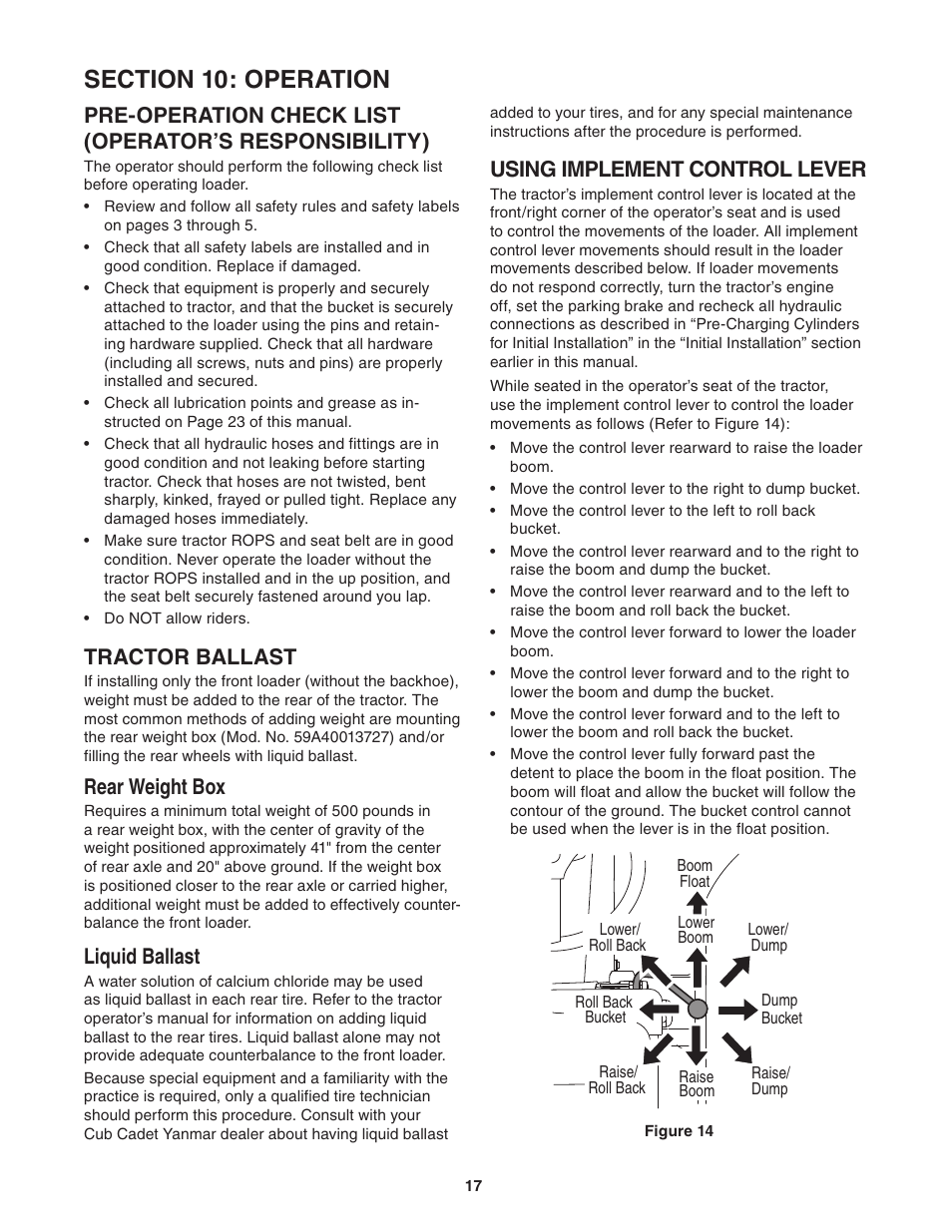 Tractor ballast, Rear weight box, Liquid ballast | Using implement control lever | Cub Cadet 59A40003727 User Manual | Page 17 / 28