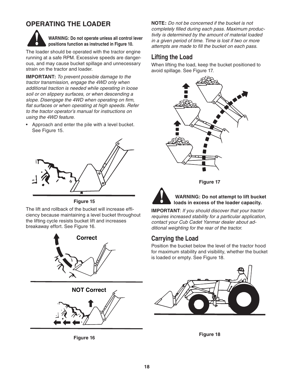 Operating the loader, Lifting the load, Carrying the load | Cub Cadet 59A40003727 User Manual | Page 18 / 28