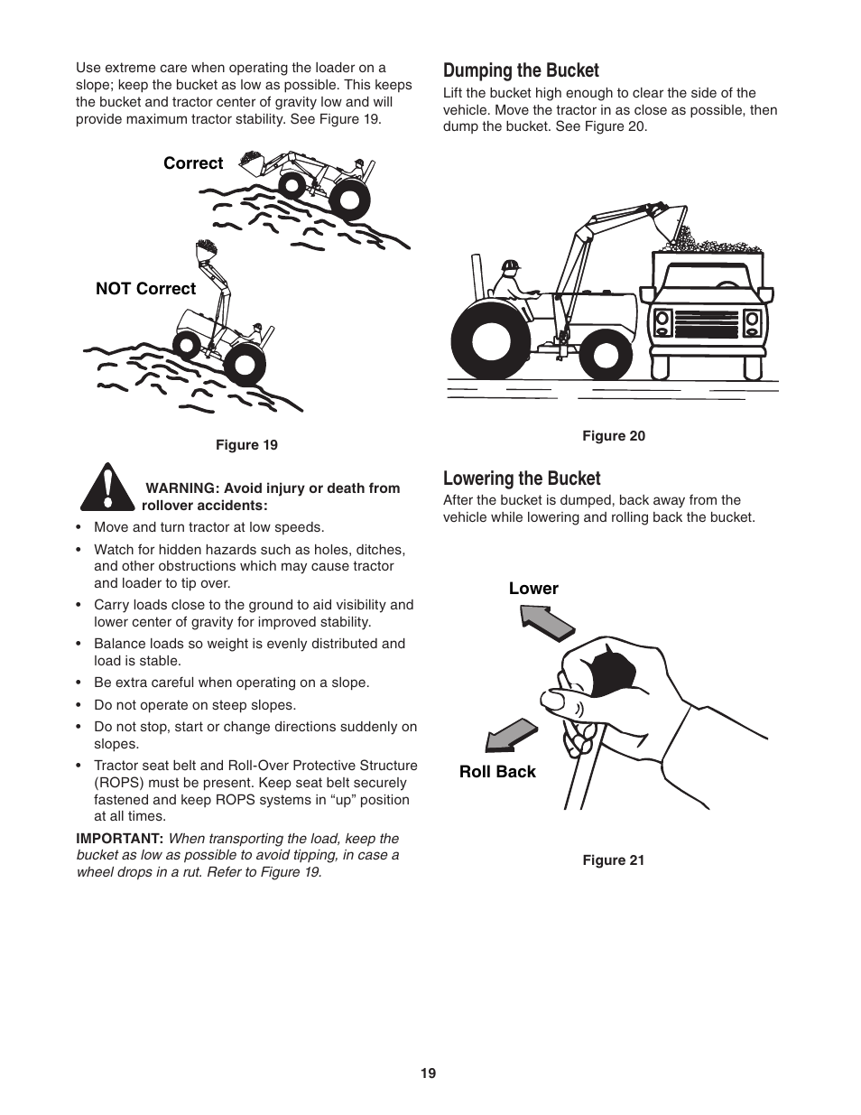 Dumping the bucket, Lowering the bucket | Cub Cadet 59A40003727 User Manual | Page 19 / 28
