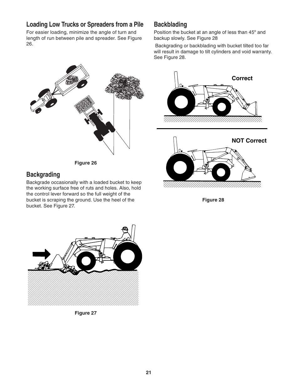 Backblading, Loading low trucks or spreaders from a pile, Backgrading | Cub Cadet 59A40003727 User Manual | Page 21 / 28
