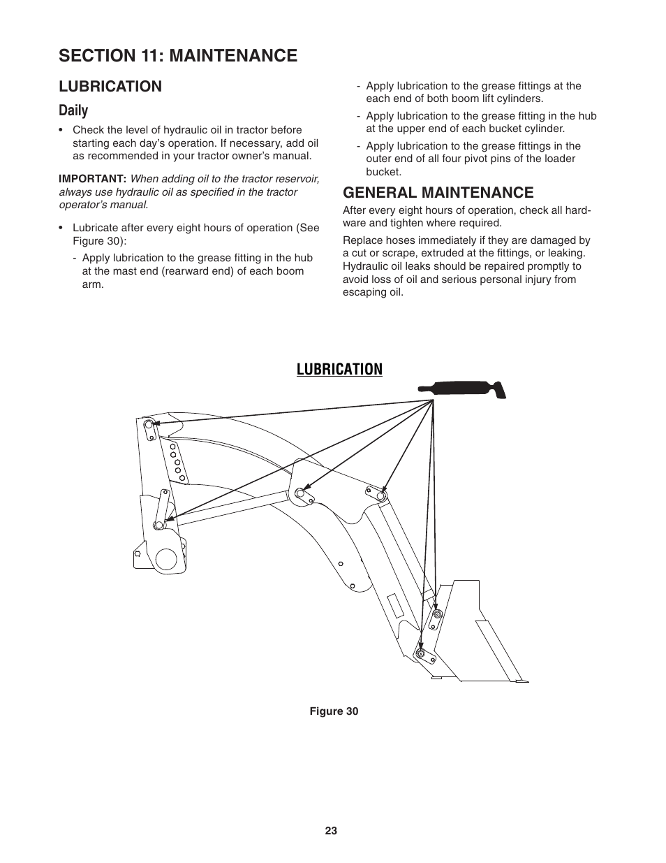 Lubrication daily, General maintenance, Lubrication | Cub Cadet 59A40003727 User Manual | Page 23 / 28