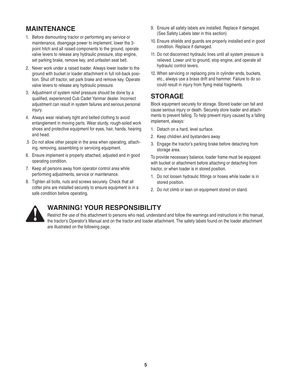Maintenance, Storage, Warning! your responsibility | Cub Cadet 59A40003727 User Manual | Page 5 / 28