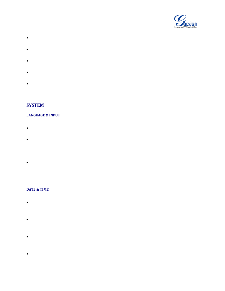 System, Language & input, Date & time | Grandstream GVC3200 Administration Guide User Manual | Page 14 / 62