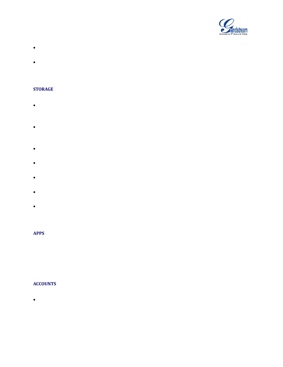 Storage, Apps, Accounts | Grandstream GVC3200 Administration Guide User Manual | Page 16 / 62