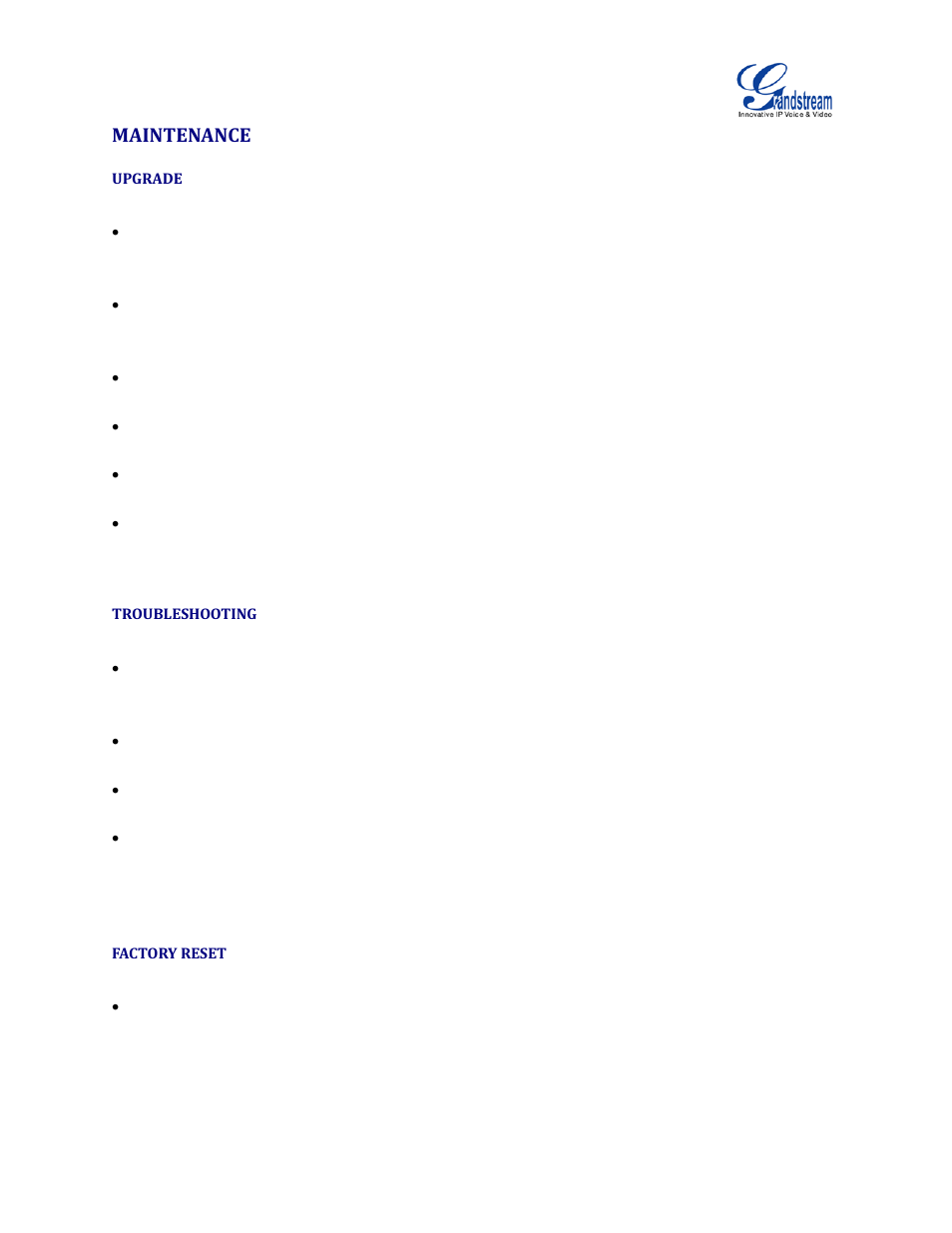 Maintenance, Upgrade, Troubleshooting | Factory reset | Grandstream GVC3200 Administration Guide User Manual | Page 18 / 62