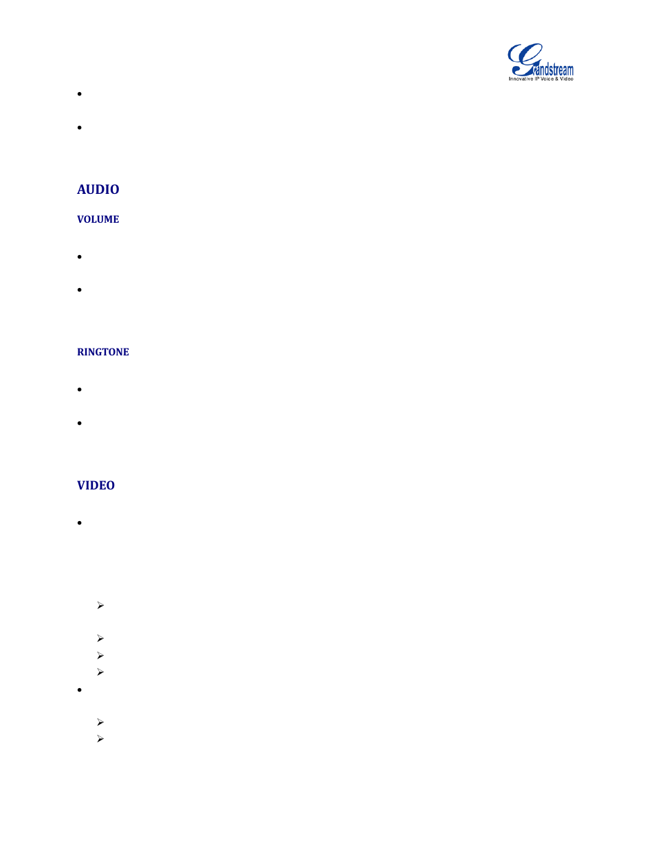 Audio, Volume, Ringtone | Video | Grandstream GVC3200 Administration Guide User Manual | Page 22 / 62