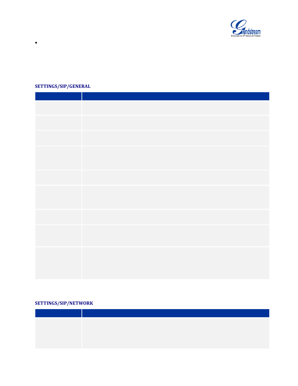 Settings/sip/general, Settings/sip/network | Grandstream GVC3200 Administration Guide User Manual | Page 31 / 62