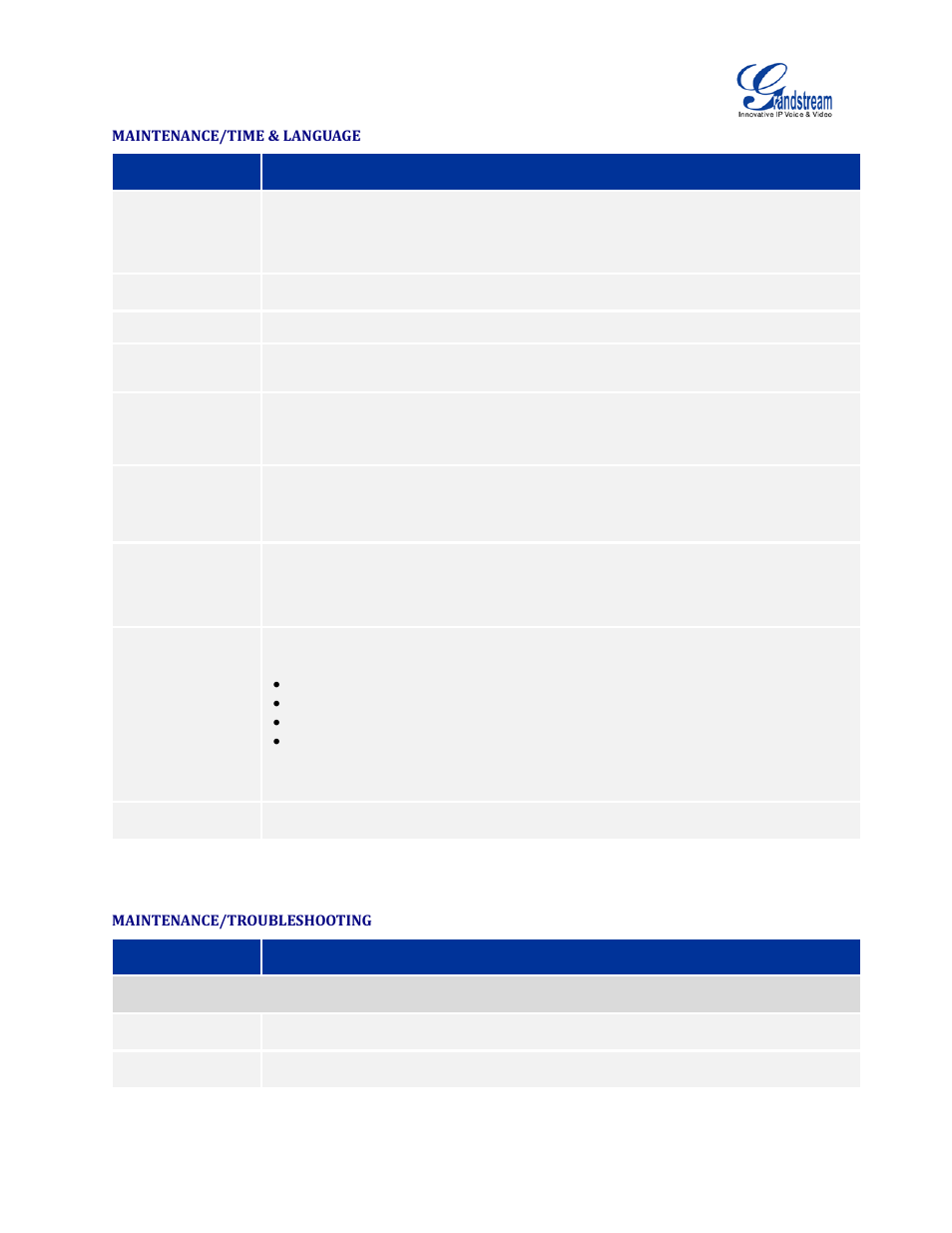 Maintenance/time & language, Maintenance/troubleshooting | Grandstream GVC3200 Administration Guide User Manual | Page 52 / 62