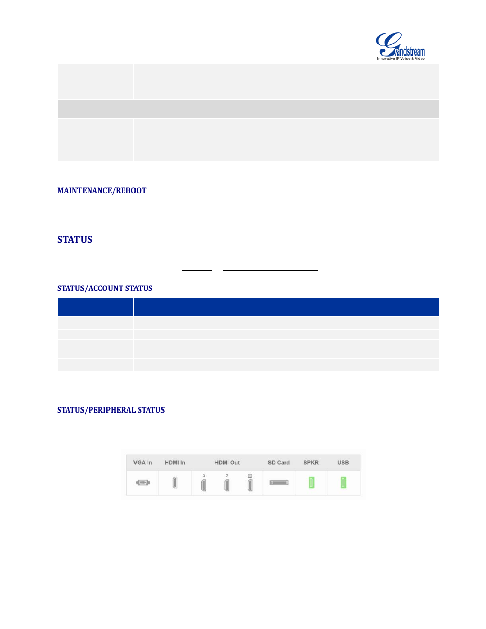 Maintenance/reboot, Status, Status/account status | Status/peripheral status, Figure 4: web ui status->peripheral status | Grandstream GVC3200 Administration Guide User Manual | Page 54 / 62