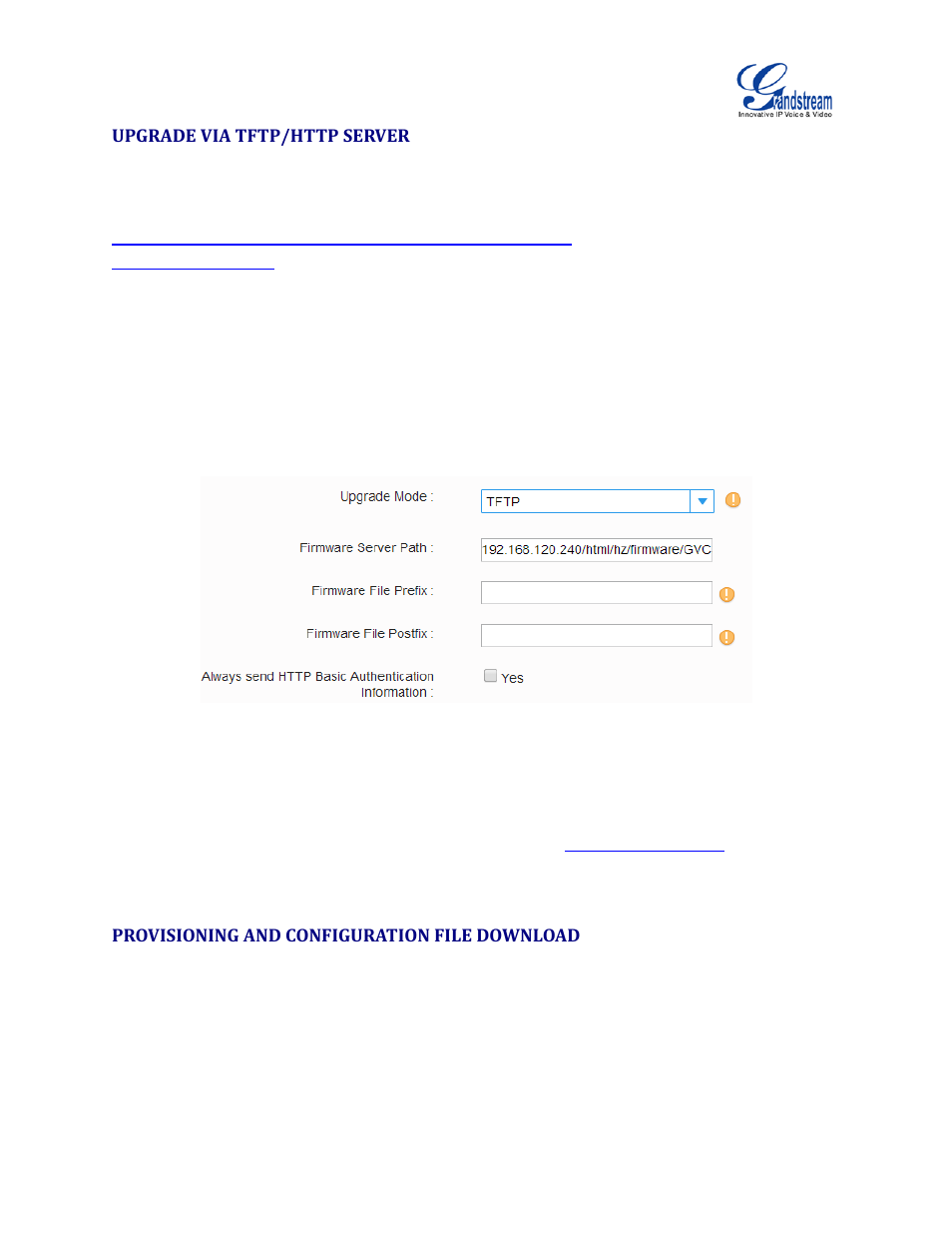 Upgrade via tftp/http server, Provisioning and configuration file download, Figure 5: configure firmware server path | Grandstream GVC3200 Administration Guide User Manual | Page 58 / 62