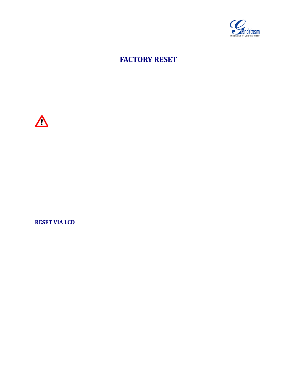 Factory reset, Reset via lcd | Grandstream GVC3200 Administration Guide User Manual | Page 60 / 62