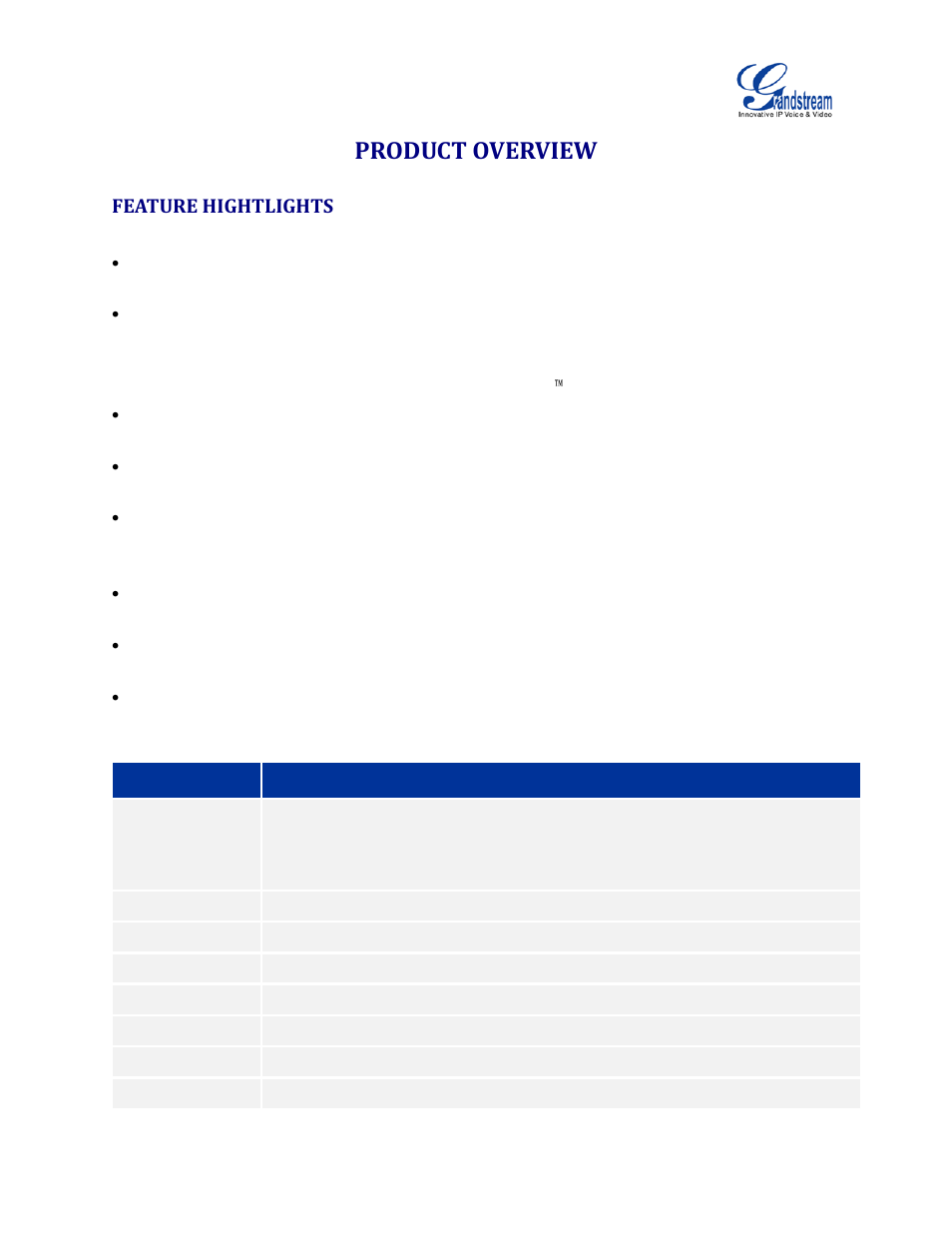 Feature hightlights, Product overview, Table 1: gvc3200 technical specifications | Grandstream GVC3200 Administration Guide User Manual | Page 9 / 62