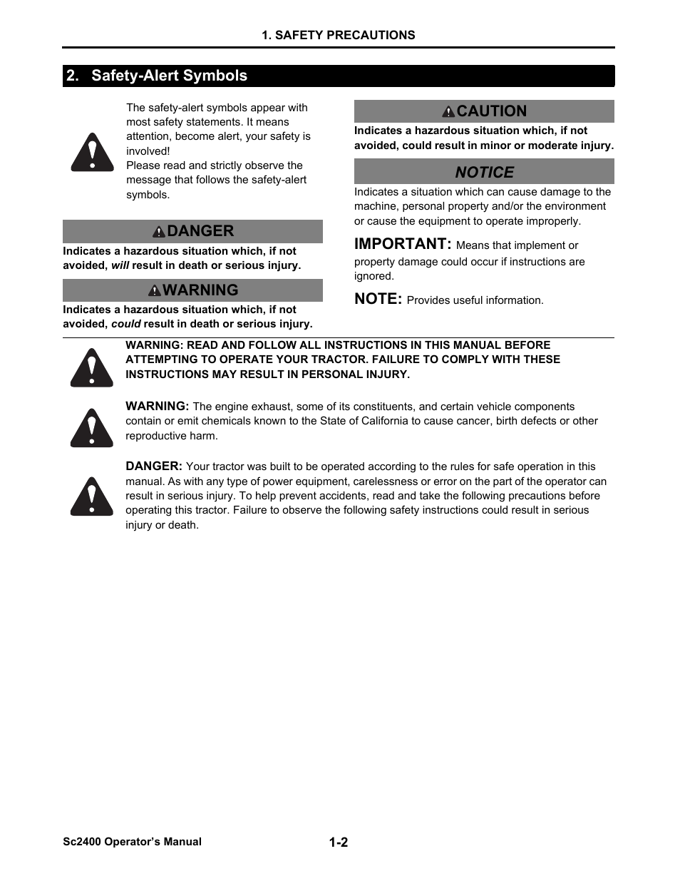 Safety-alert symbols, Danger, Warning | Caution, Notice, Safety-alert symbols -2, Important, Danger warning caution notice | Cub Cadet SC2400 User Manual | Page 10 / 133