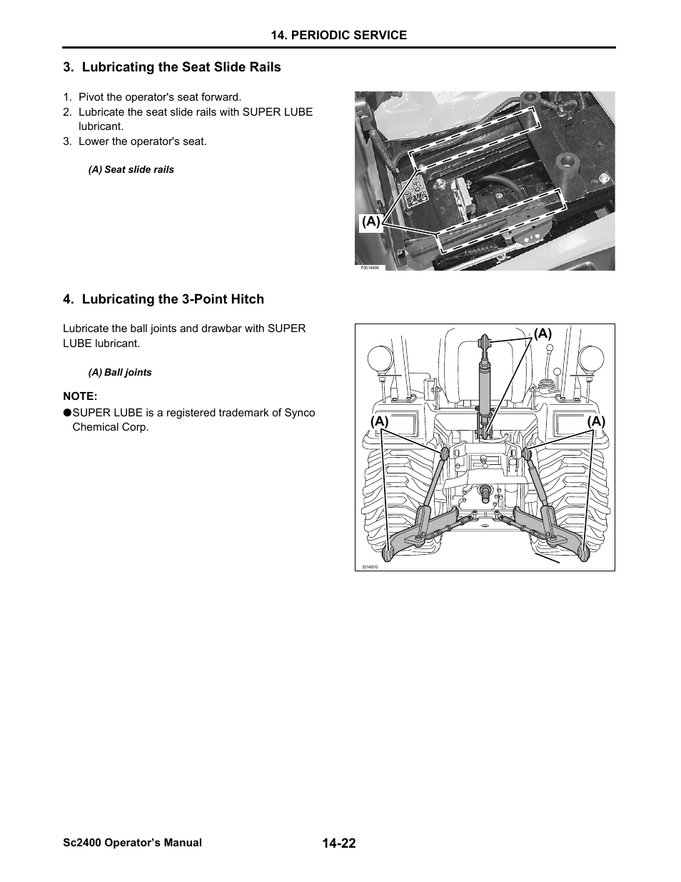 Lubricating the seat slide rails, Lubricating the 3-point hitch | Cub Cadet SC2400 User Manual | Page 100 / 133