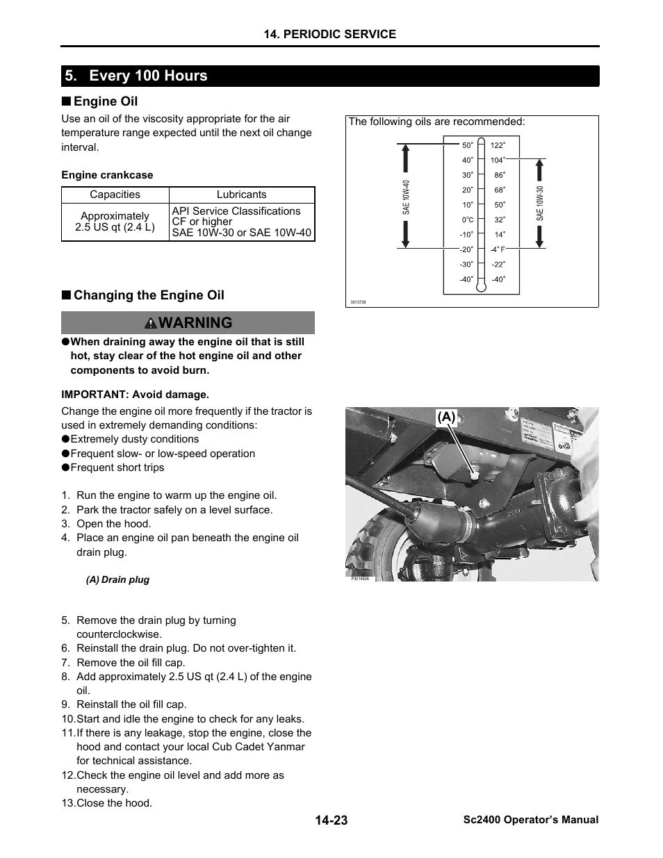 Every 100 hours, Engine oil, Changing the engine oil | Every 100 hours -23, Engine oil -23, Changing the engine oil -23, Warning | Cub Cadet SC2400 User Manual | Page 101 / 133