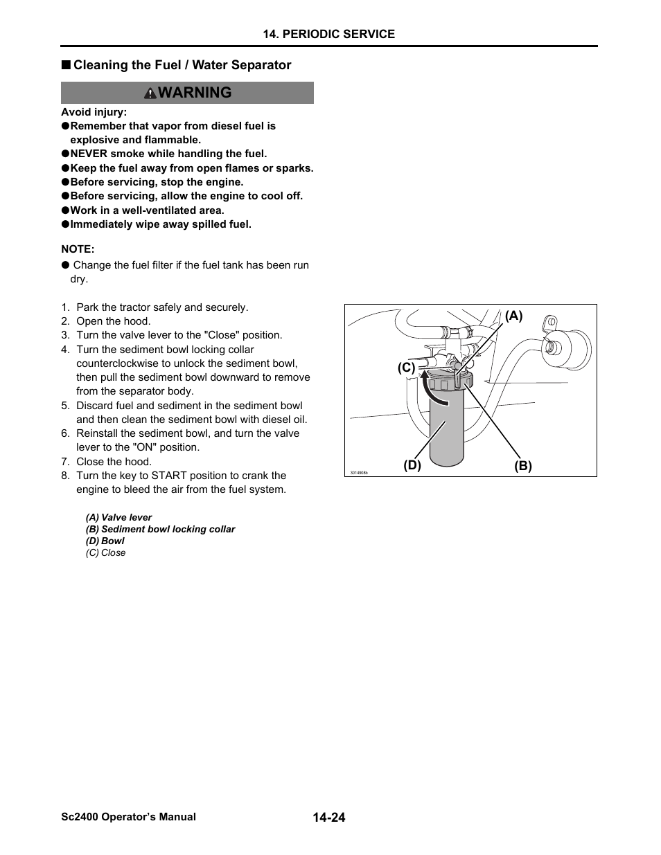 Cleaning the fuel / water separator, Never smoke while handling the fuel, Keep the fuel away from open flames or sparks | Before servicing, stop the engine, Before servicing, allow the engine to cool off, Work in a well-ventilated area, Immediately wipe away spilled fuel, Cleaning the fuel / water separator -24, Warning | Cub Cadet SC2400 User Manual | Page 102 / 133