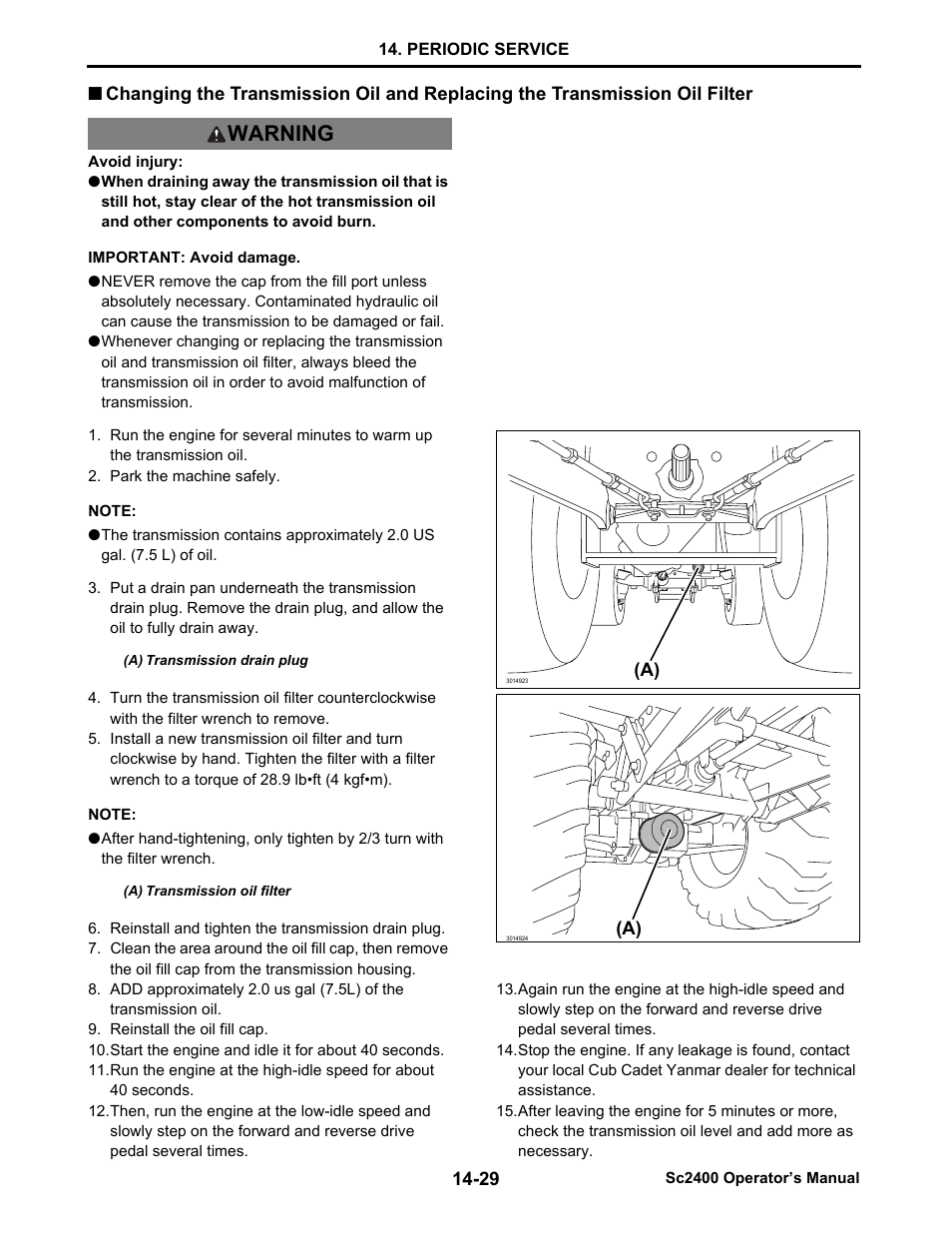 Warning | Cub Cadet SC2400 User Manual | Page 107 / 133