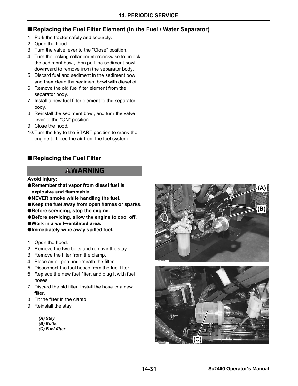 Replacing the fuel filter, Replacing the fuel filter -31, Warning | Cub Cadet SC2400 User Manual | Page 109 / 133