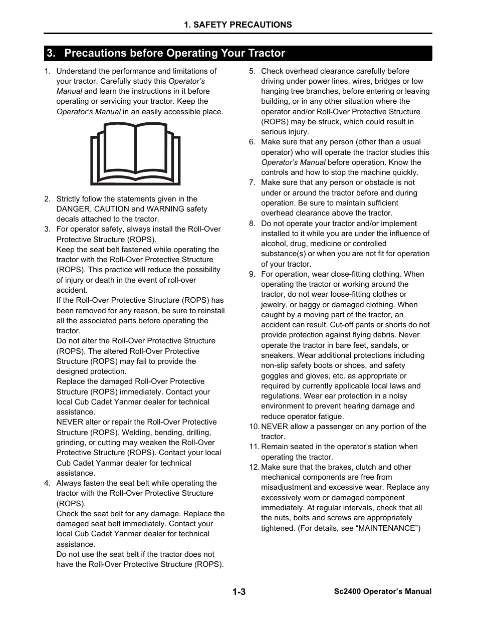 Precautions before operating your tractor, Precautions before operating your tractor -3 | Cub Cadet SC2400 User Manual | Page 11 / 133
