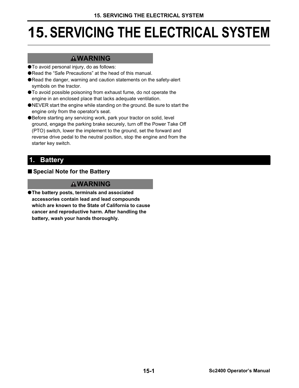 Servicing the electrical system, Battery, Special note for the battery | Battery -1, Special note for the battery -1, Servicing the electrical system -1 | Cub Cadet SC2400 User Manual | Page 115 / 133
