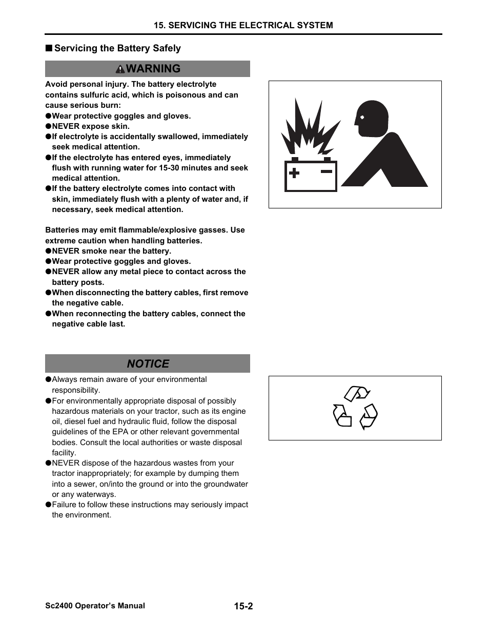Servicing the battery safely, Servicing the battery safely -2, Warning notice | Cub Cadet SC2400 User Manual | Page 116 / 133