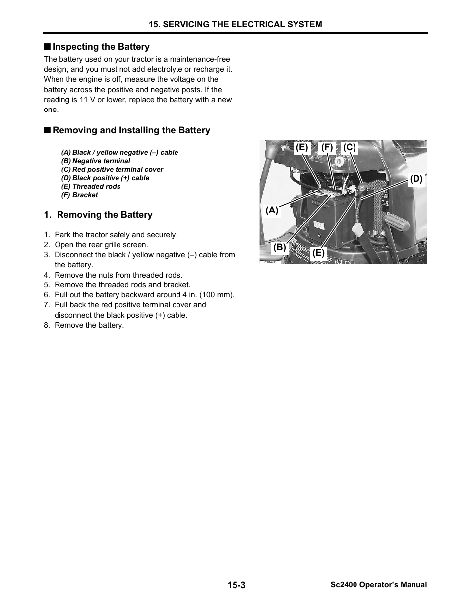 Inspecting the battery, Removing and installing the battery, Removing the battery | Inspecting the battery -3, Removing and installing the battery -3 | Cub Cadet SC2400 User Manual | Page 117 / 133