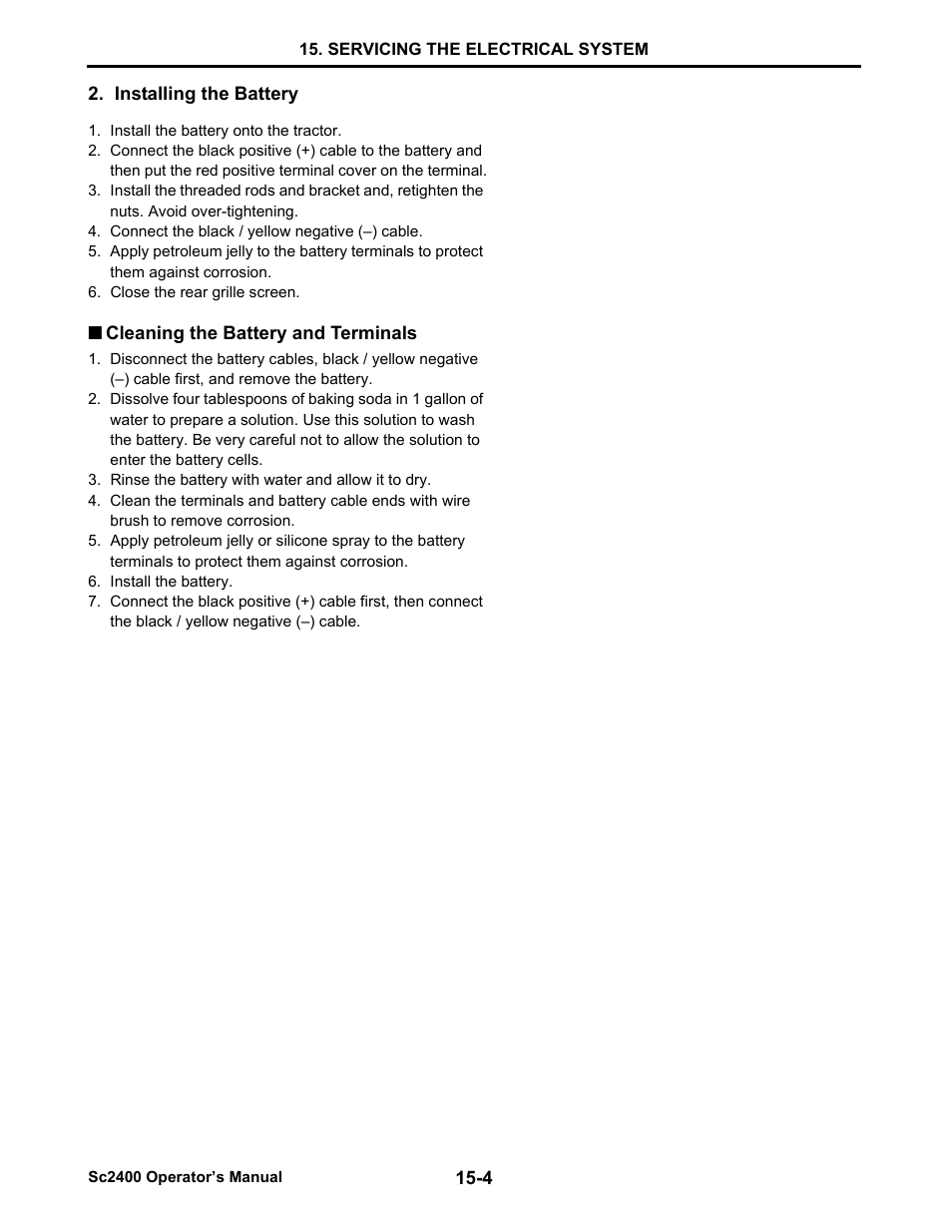 Installing the battery, Cleaning the battery and terminals, Cleaning the battery and terminals -4 | Cub Cadet SC2400 User Manual | Page 118 / 133