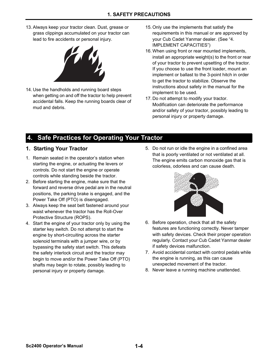 Safe practices for operating your tractor, Starting your tractor, Safe practices for operating your tractor -4 | Cub Cadet SC2400 User Manual | Page 12 / 133