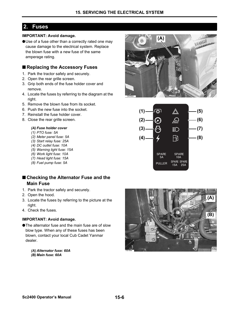 Fuses, Replacing the accessory fuses, Checking the alternator fuse and the main fuse | Fuses -6, Replacing the accessory fuses -6, Checking the alternator fuse and the main fuse -6 | Cub Cadet SC2400 User Manual | Page 120 / 133