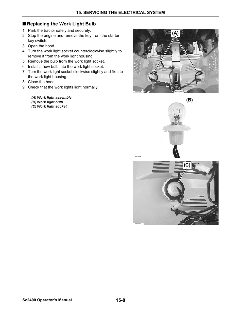 Replacing the work light bulb, Replacing the work light bulb -8 | Cub Cadet SC2400 User Manual | Page 122 / 133