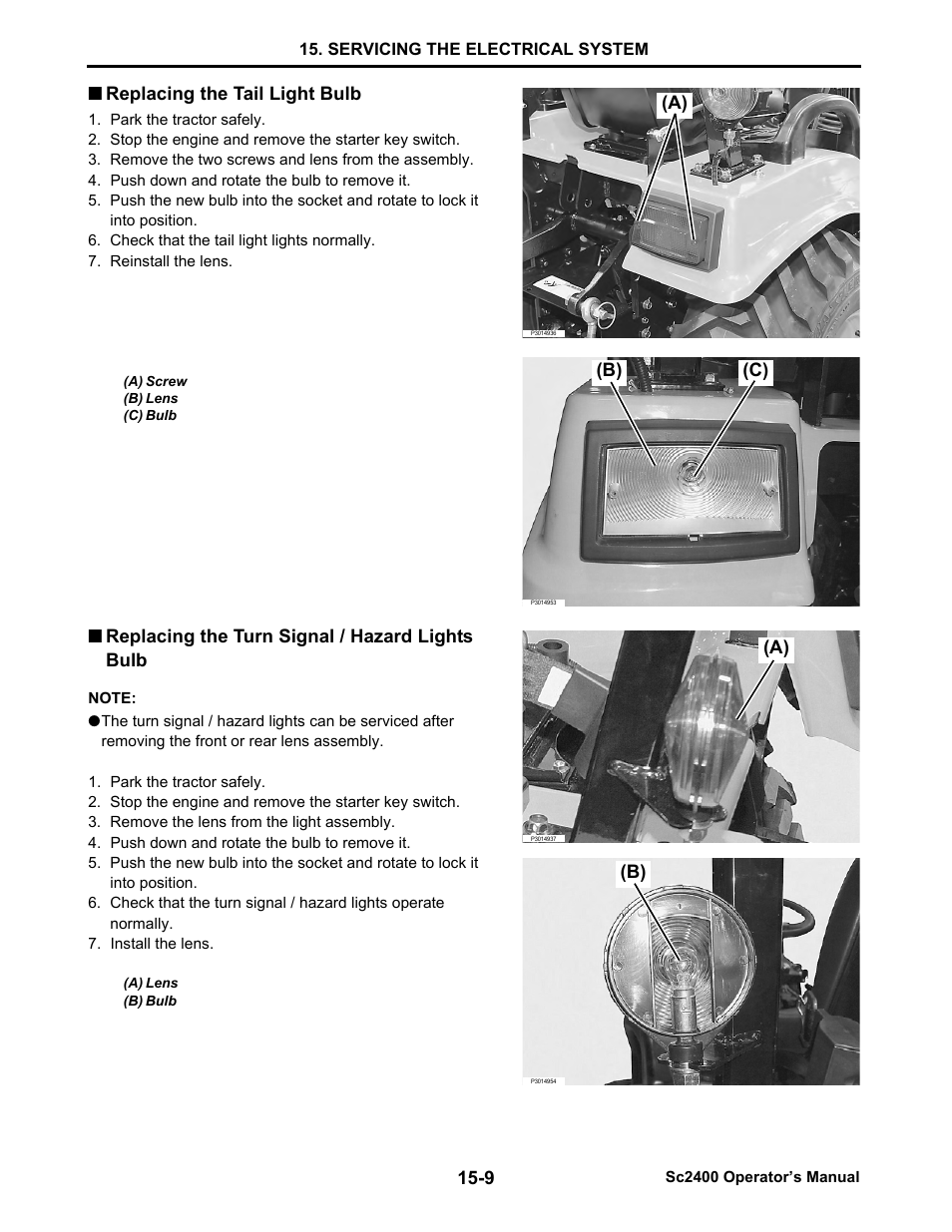 Replacing the tail light bulb, Replacing the turn signal / hazard lights bulb, Replacing the tail light bulb -9 | Replacing the turn signal / hazard lights bulb -9 | Cub Cadet SC2400 User Manual | Page 123 / 133
