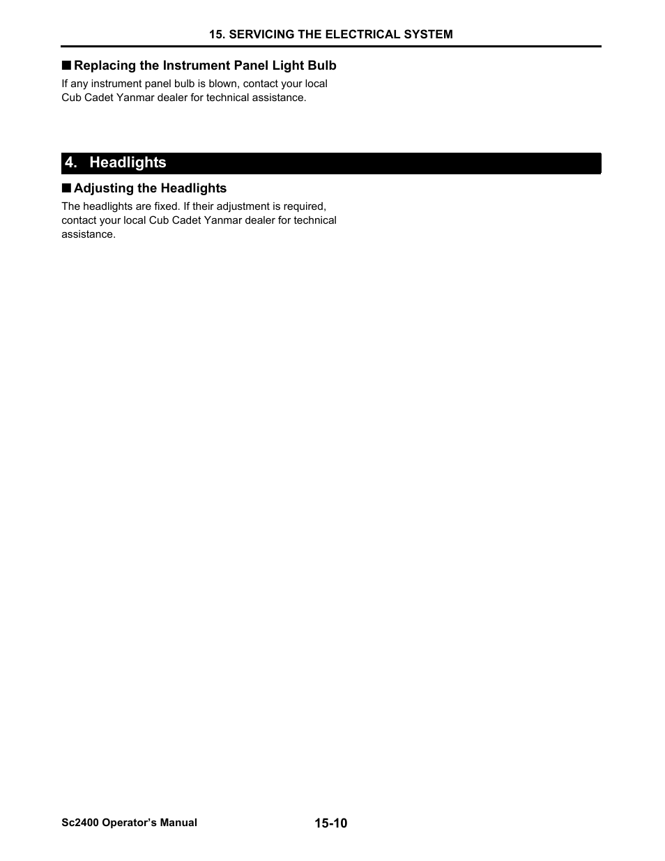 Replacing the instrument panel light bulb, Headlights, Adjusting the headlights | Replacing the instrument panel light bulb -10, Headlights -10, Adjusting the headlights -10 | Cub Cadet SC2400 User Manual | Page 124 / 133