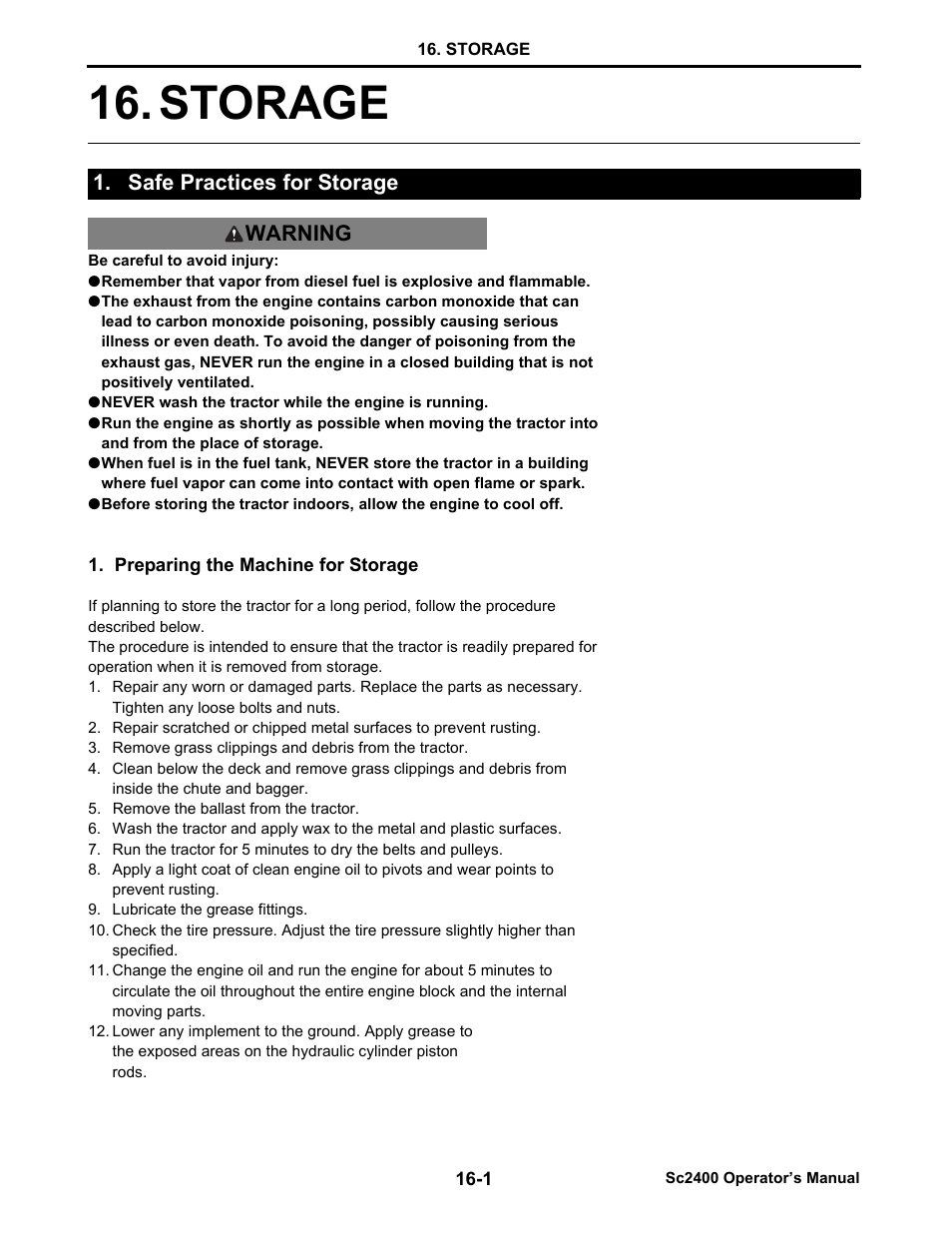 Storage, Safe practices for storage, Preparing the machine for storage | Safe practices for storage -1, Storage -1, Safe practices for storage warning | Cub Cadet SC2400 User Manual | Page 125 / 133