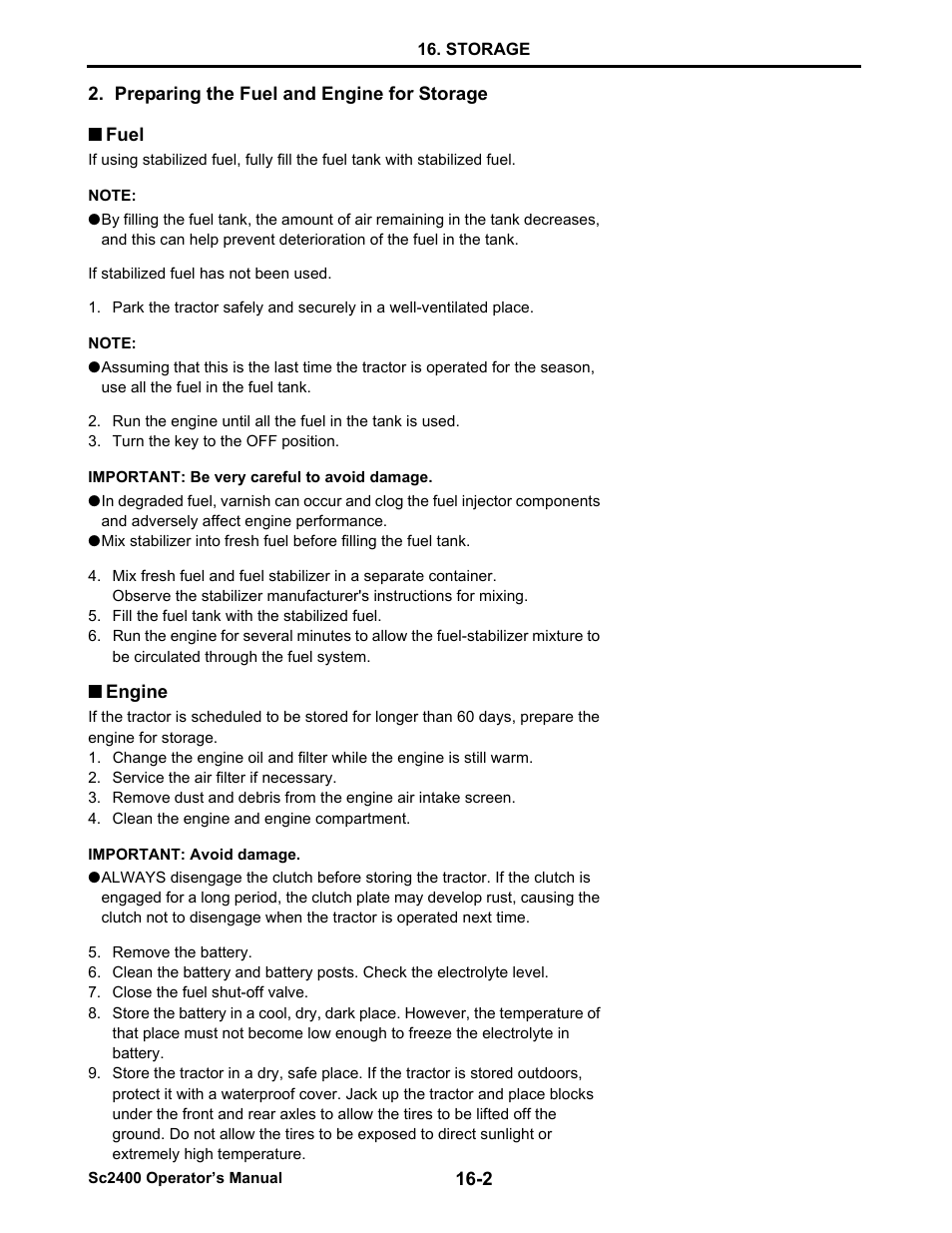 Preparing the fuel and engine for storage, Fuel, Engine | Fuel -2, Engine -2 | Cub Cadet SC2400 User Manual | Page 126 / 133