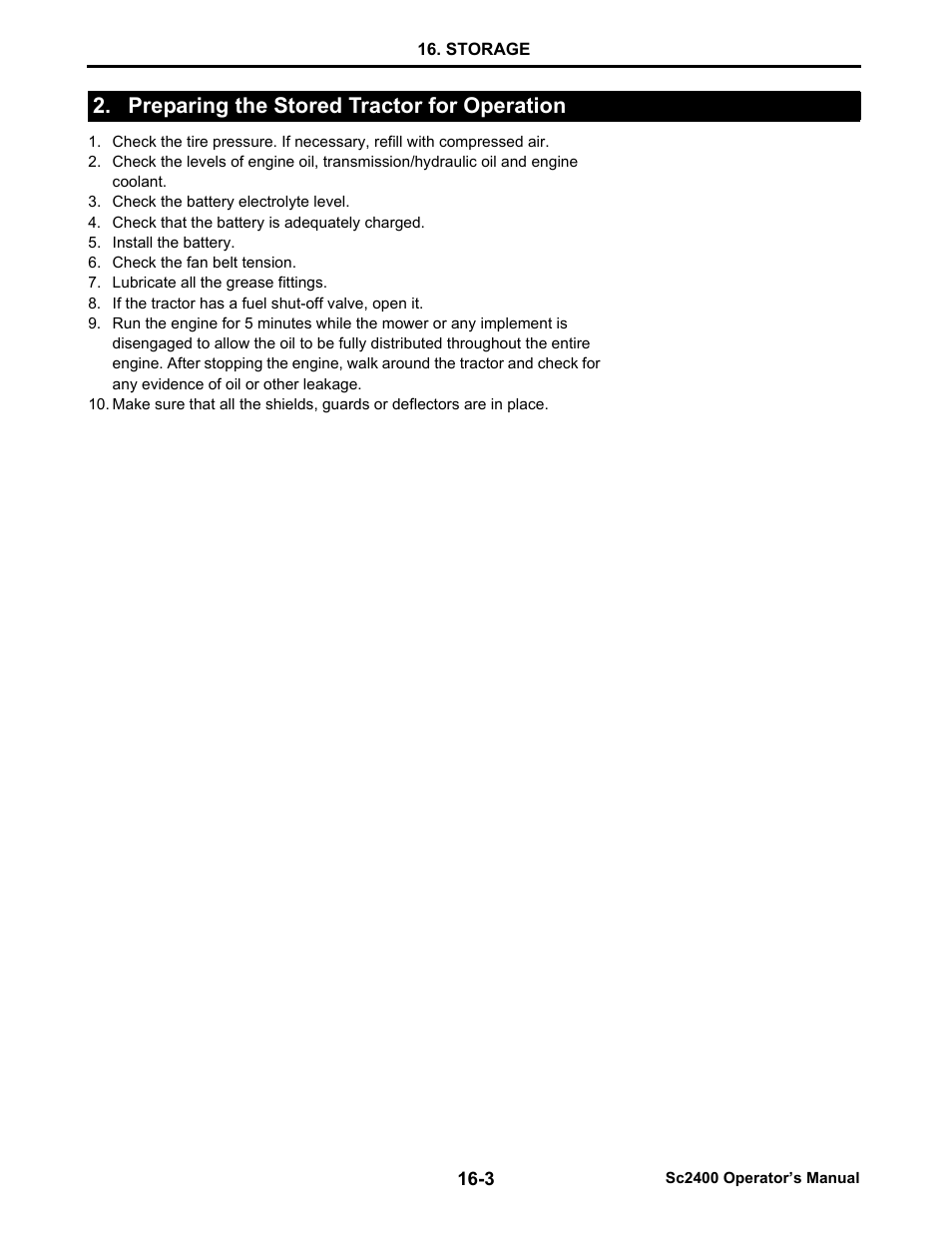 Preparing the stored tractor for operation, Preparing the stored tractor for operation -3 | Cub Cadet SC2400 User Manual | Page 127 / 133