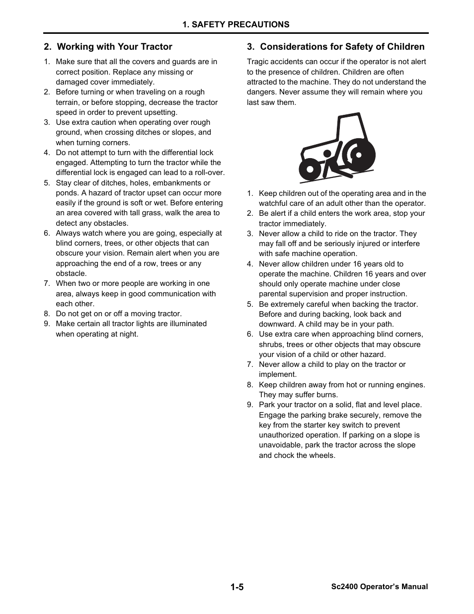 Working with your tractor, Considerations for safety of children | Cub Cadet SC2400 User Manual | Page 13 / 133