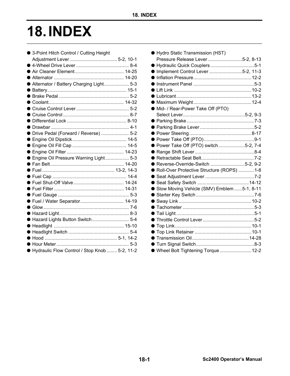 Index, Index -1 | Cub Cadet SC2400 User Manual | Page 131 / 133