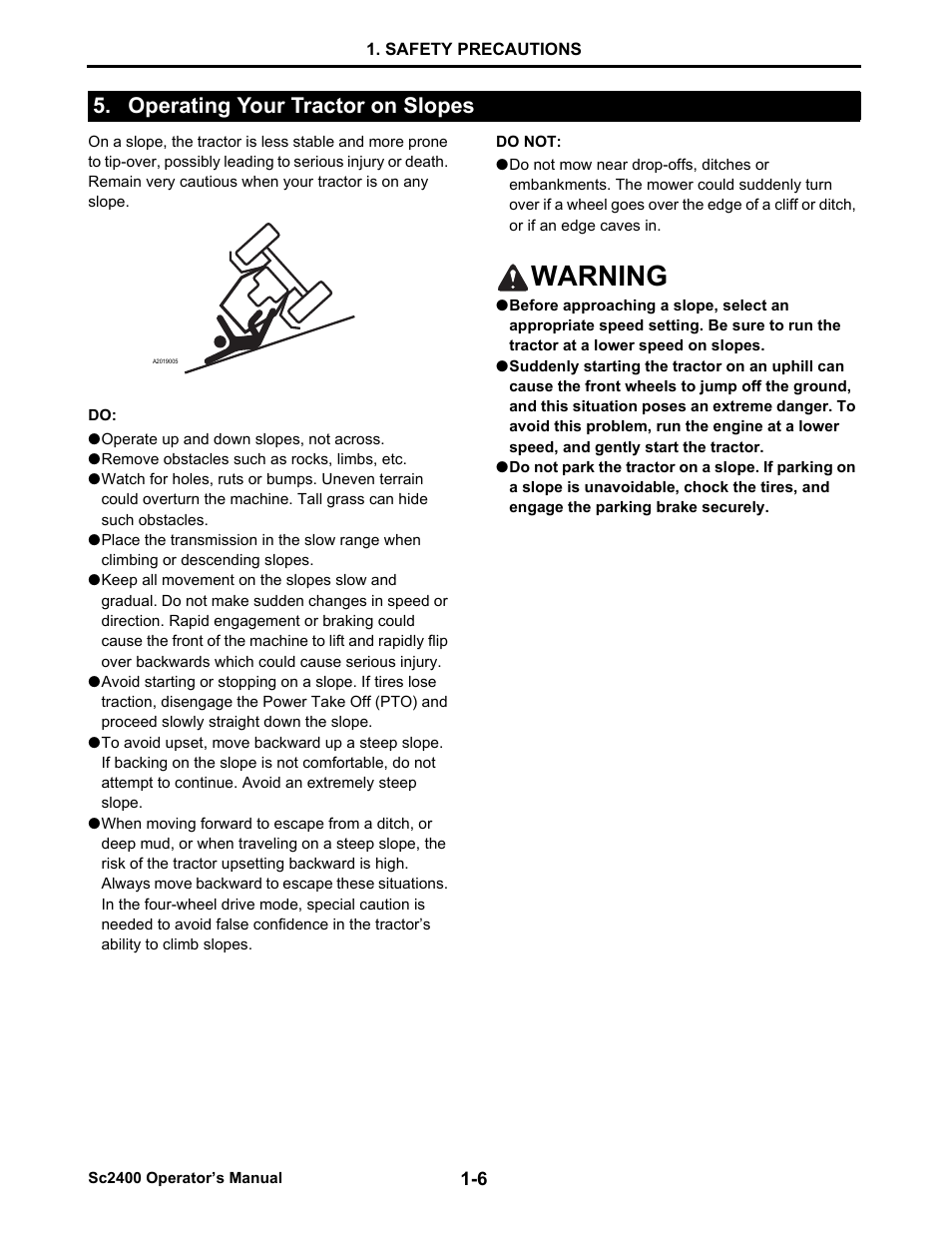 Operating your tractor on slopes, Operating your tractor on slopes -6, Warning | Cub Cadet SC2400 User Manual | Page 14 / 133