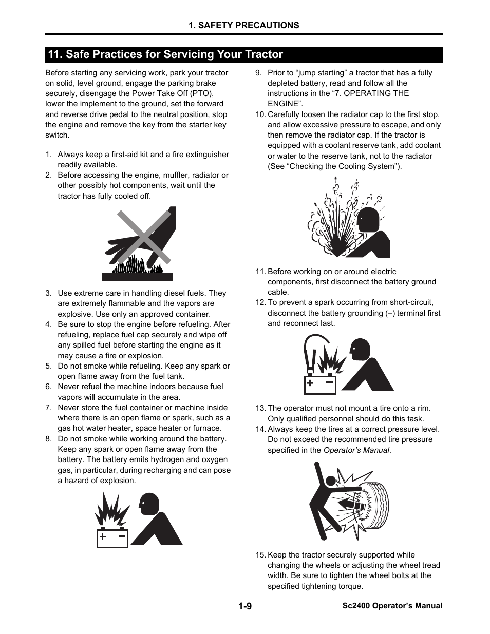 Safe practices for servicing your tractor, Safe practices for servicing your tractor -9 | Cub Cadet SC2400 User Manual | Page 17 / 133