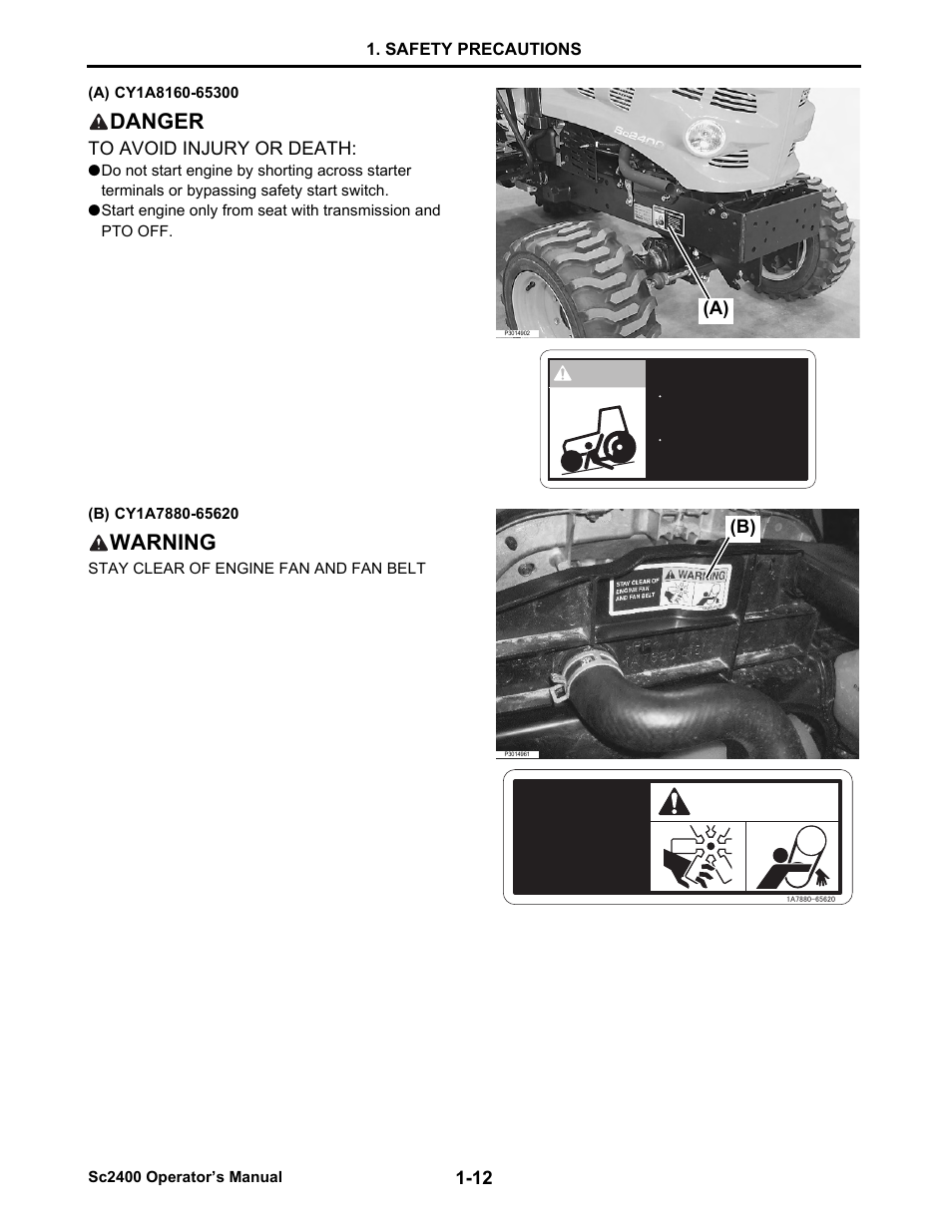 A) cy1a8160-65300, Danger, To avoid injury or death | B) cy1a7880-65620, Warning | Cub Cadet SC2400 User Manual | Page 20 / 133