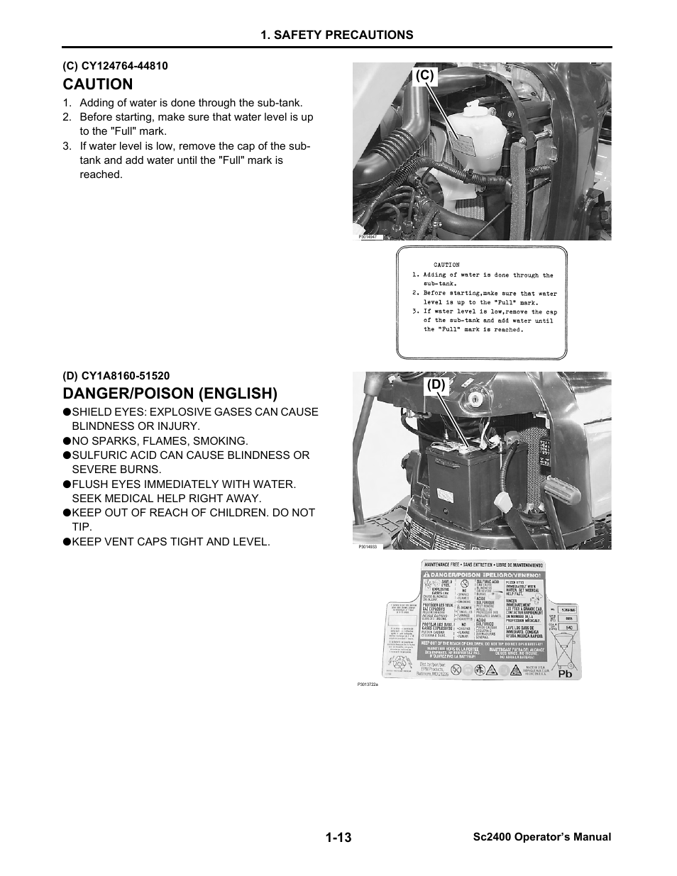 C) cy124764-44810, Caution, D) cy1a8160-51520 | Danger/poison (english) | Cub Cadet SC2400 User Manual | Page 21 / 133