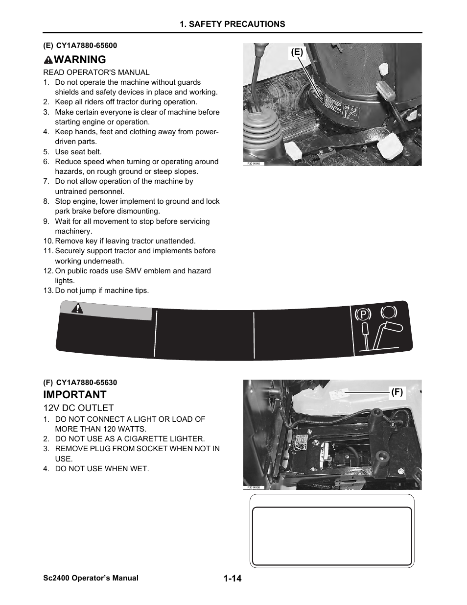 E) cy1a7880-65600, Warning, F) cy1a7880-65630 | Important, 12v dc outlet, Safety precautions | Cub Cadet SC2400 User Manual | Page 22 / 133