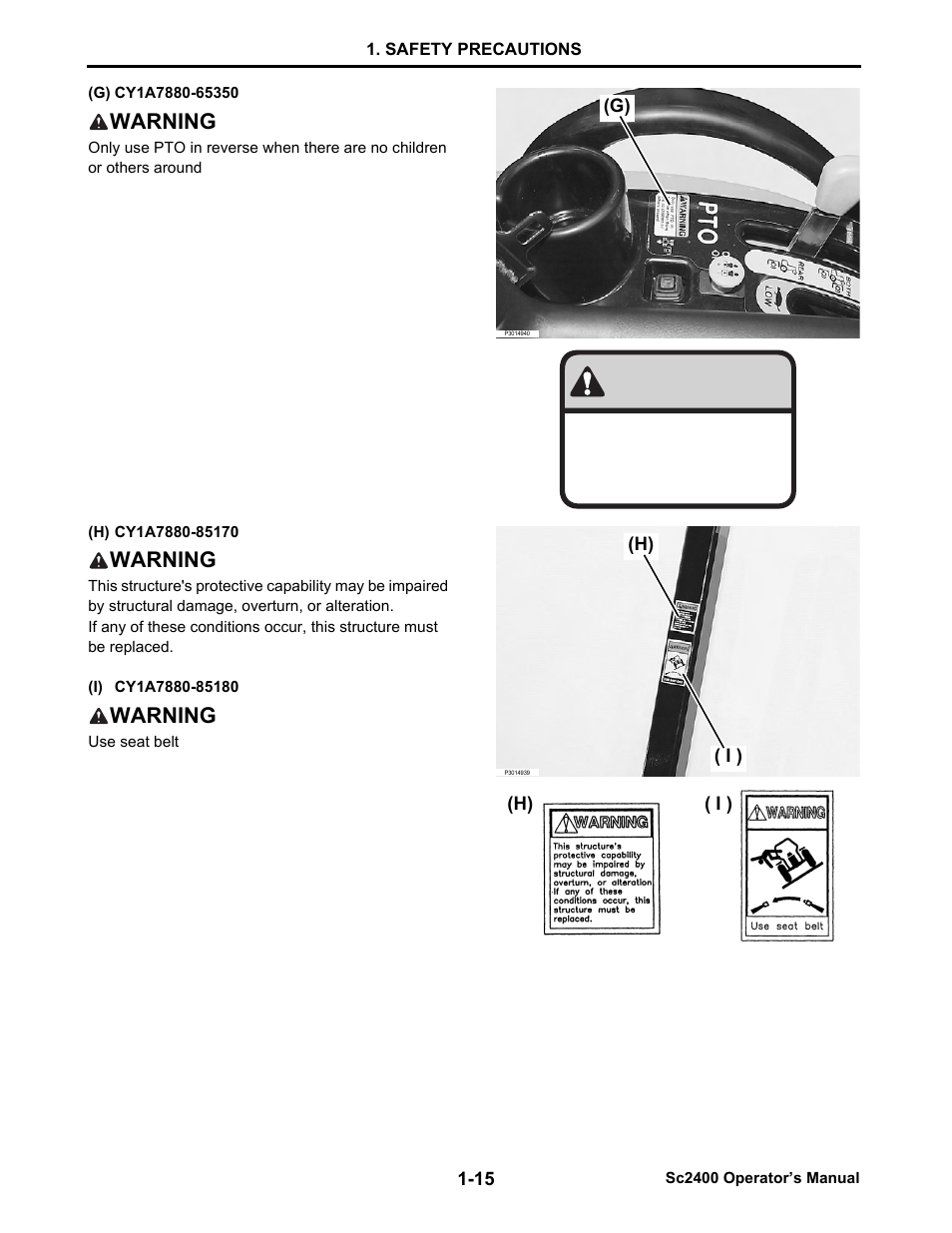 G) cy1a7880-65350, Warning, H) cy1a7880-85170 | I) cy1a7880-85180 | Cub Cadet SC2400 User Manual | Page 23 / 133