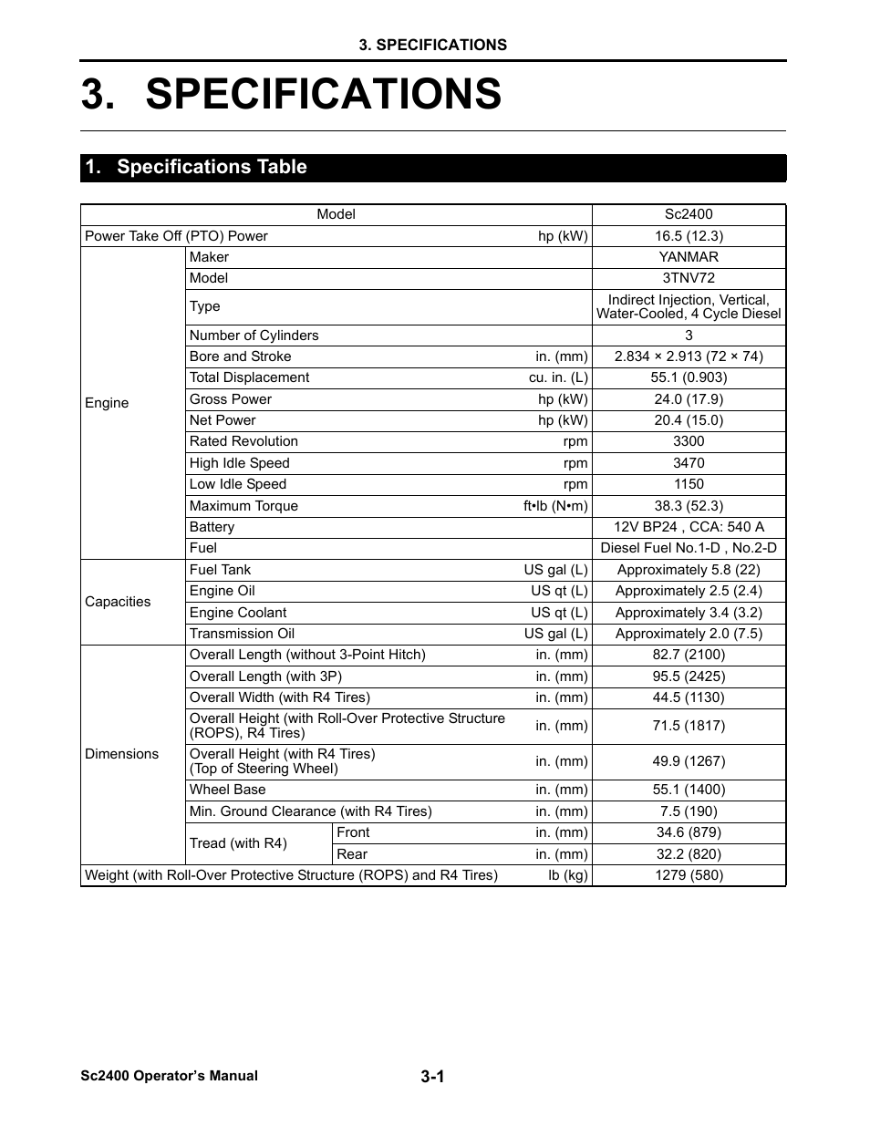 Specifications, Specifications table, Specifications table -1 | Specifications -1 | Cub Cadet SC2400 User Manual | Page 26 / 133