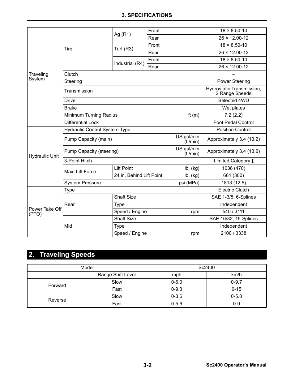 Traveling speeds, Traveling speeds -2 | Cub Cadet SC2400 User Manual | Page 27 / 133